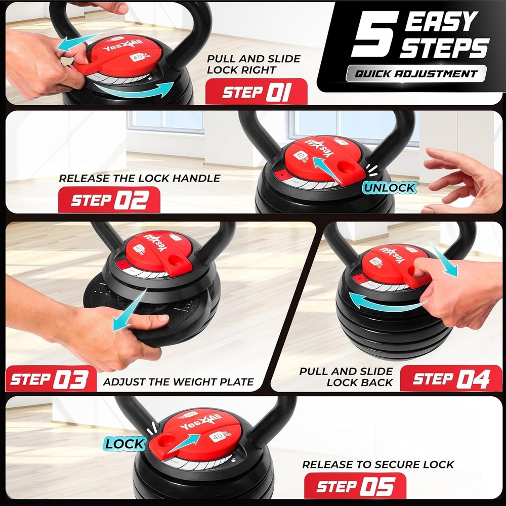 Adjustable Kettlebell Set, 20–40 LB Weight Set, Solid Cast Iron Handle with S...