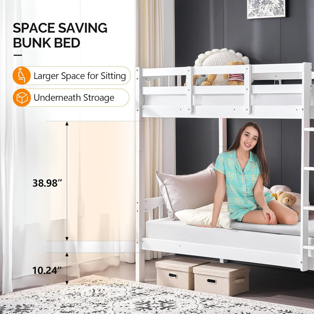 Bunk Bed Frame with Ladder for Kids Easy Assembly No Box Spring Needed White
