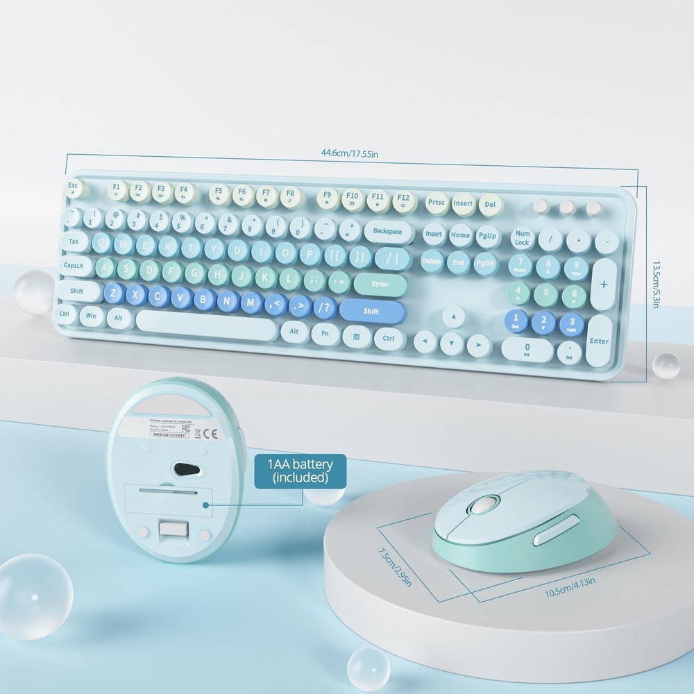 Blue Keyboard and Mouse, Cute Wireless Keyboard and Mouse Combo, Full Size Ty...