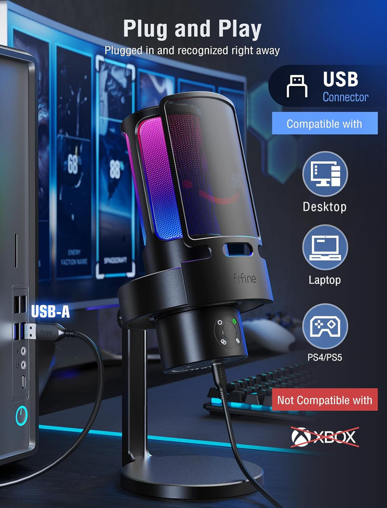 FIFINE Gaming USB Microphone, PC Computer Mic with 4 Polar Patterns for Podcast