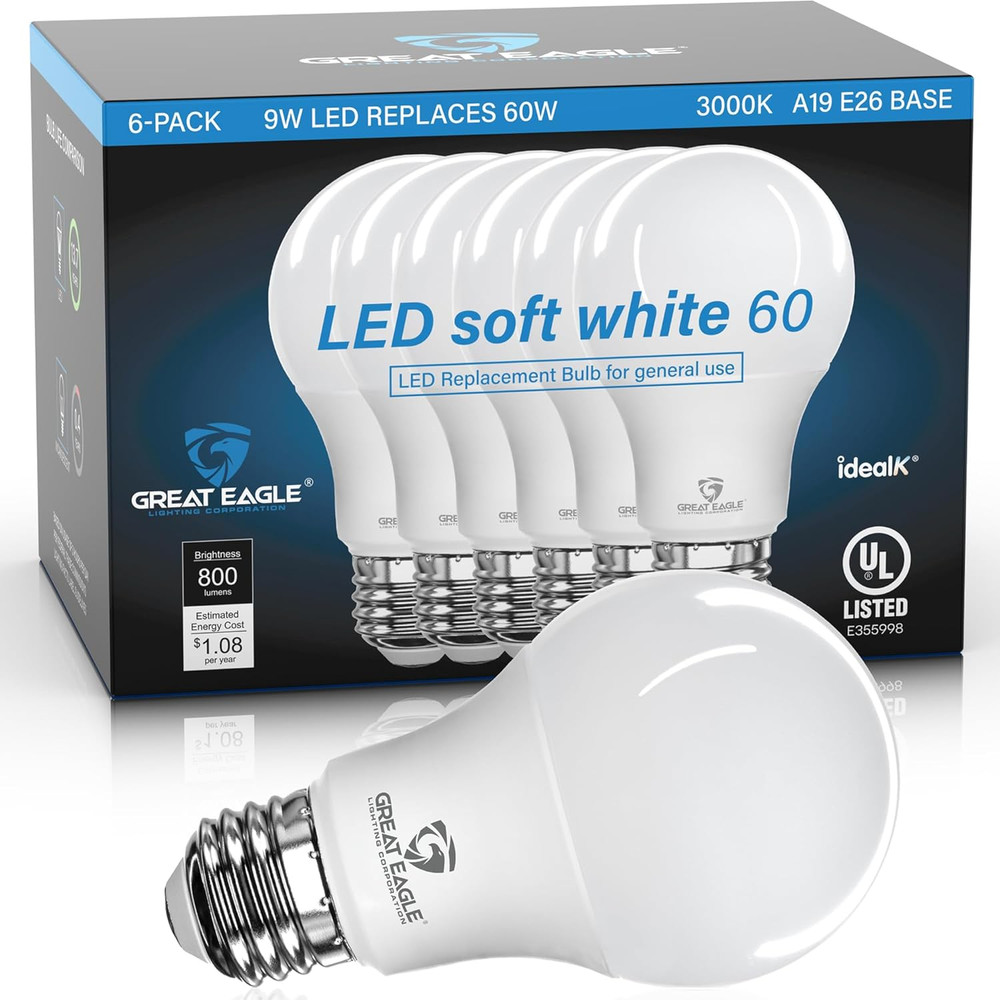Great Eagle A19 LED Light Bulbs 60 Watt Equivalent - UL Listed - Soft White 3000
