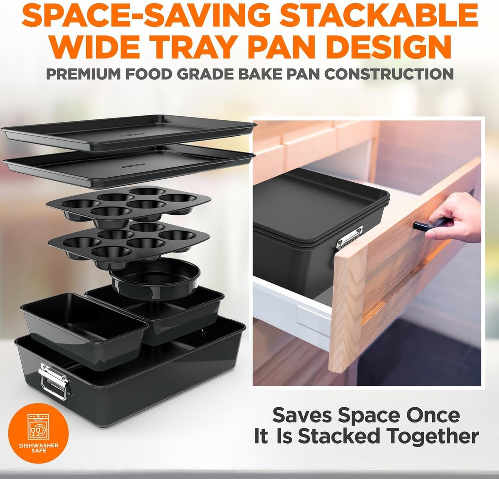8-Piece Nonstick Stackable Bakeware Set - PFOA, PFOS, PTFE Free Baking Tray Set