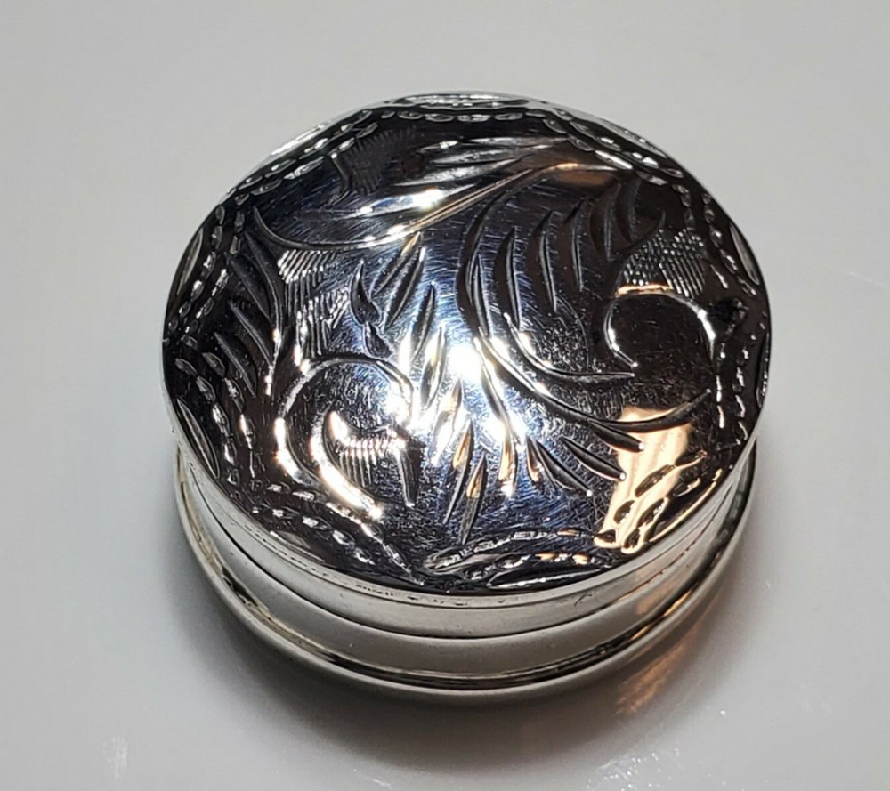 Vintage Round Sterling Silver Hinged Pill Box Shape Etched .925 PL1