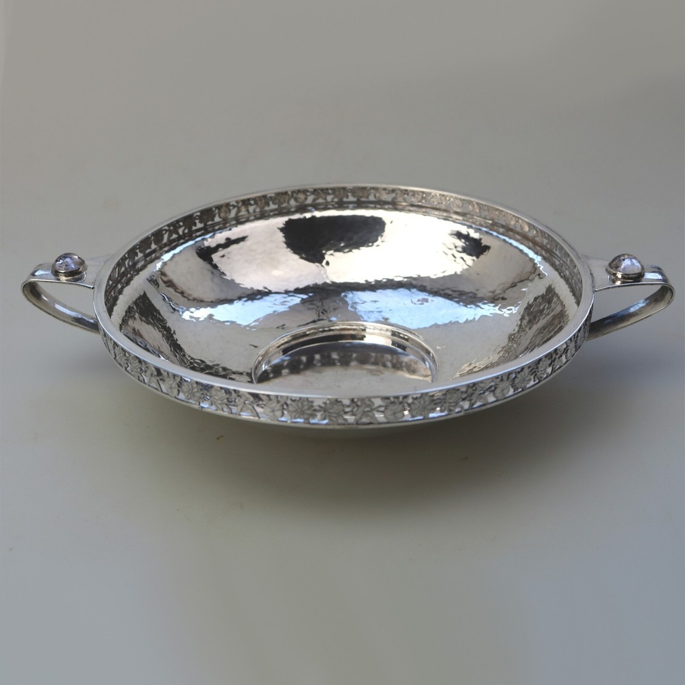 Extremely rare A E Jones cabochon set Arts & Crafts solid silver Bowl 252g 1910
