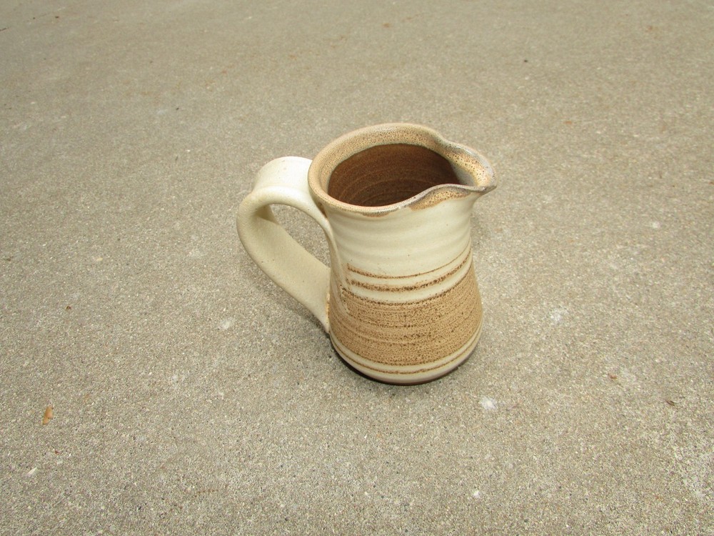 Handmade Beige Brown Striped Leaf Pottery Small Pitcher Handle 4" Tall NICE!