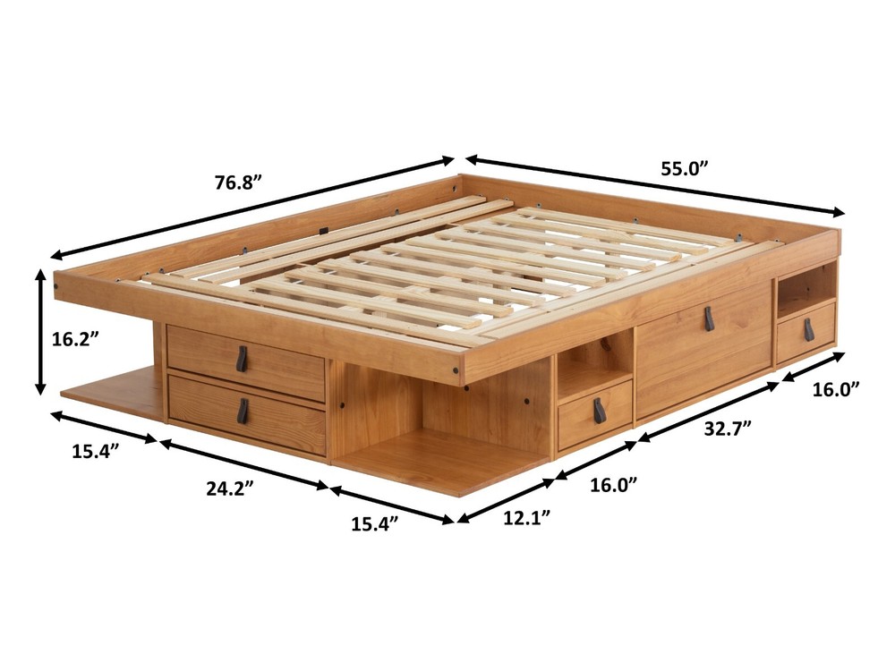 Memomad Bali Bed - Full Size Storage Platform Bed Frame with Drawers (Oak)
