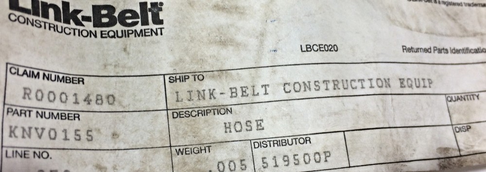 Link-Belt Hose Assy. KNV0155 NOS