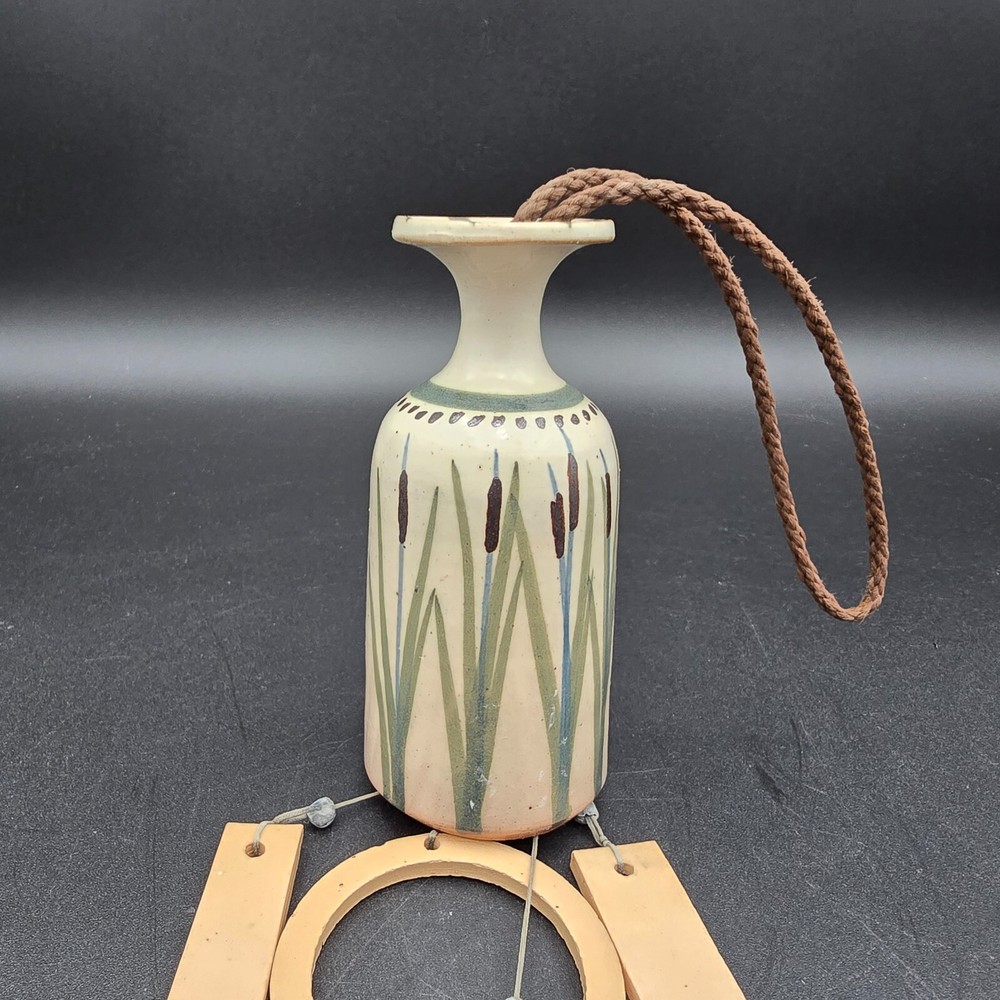 Studio Art Pottery Cattail Wind Chime Hand Made Signed Hand Painted Small