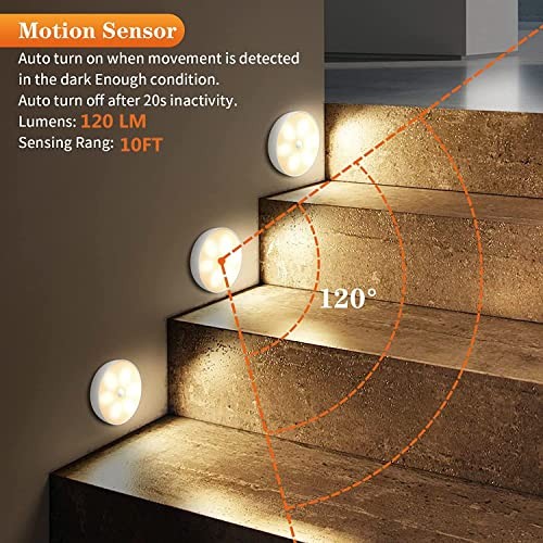 Warm Color LED Closet Lights Motion Sensor Puck Light, USB 6 Pack Warm White
