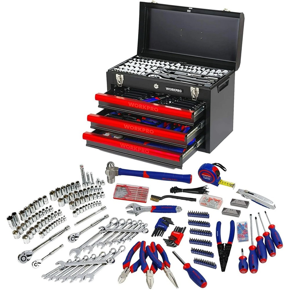 WORKPRO Mechanics Tool Set with Box, Hammer, Screwdrivers, Chrome Finish