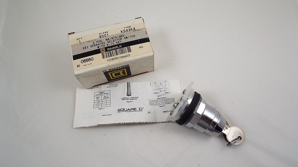 SQUARE D 9001-KS43K4 SELECTOR SWITCH OPERATOR 30MM KEY REMOVE LEFT SWITCH 3 POSI