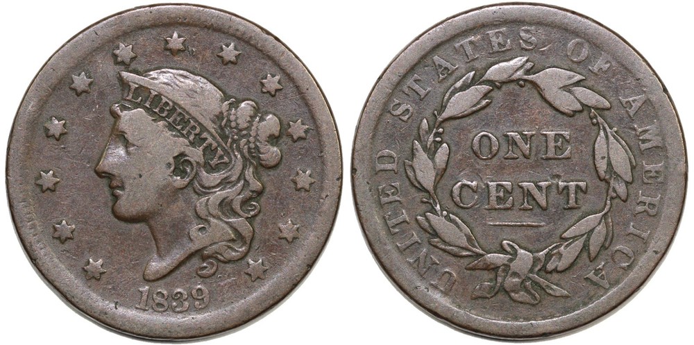 1839 1c Silly Head Coronet or Matron Head Large Cent