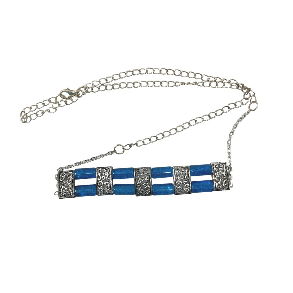 Handmade Beaded Necklace Blue Lucite Silver Tone Pendant