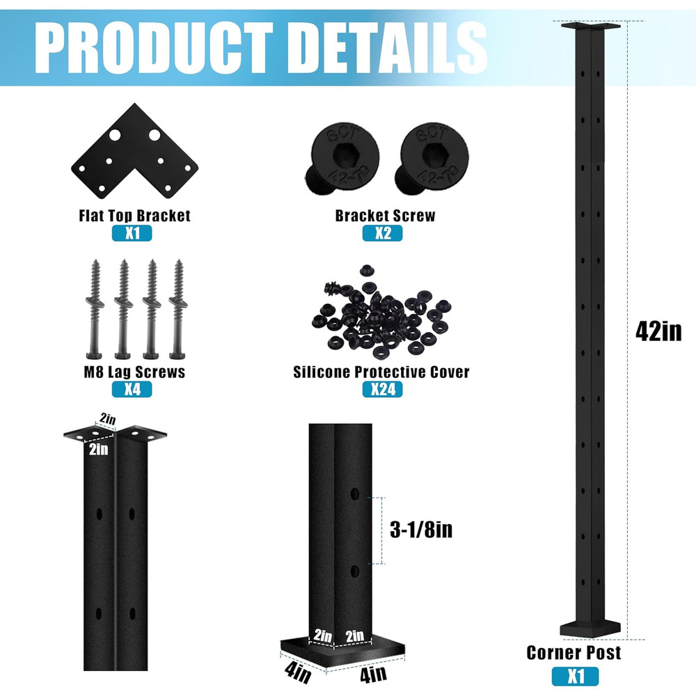 42" Black Cable Railing Corner Post for Easy DIY Deck Project - Pre-Drilled