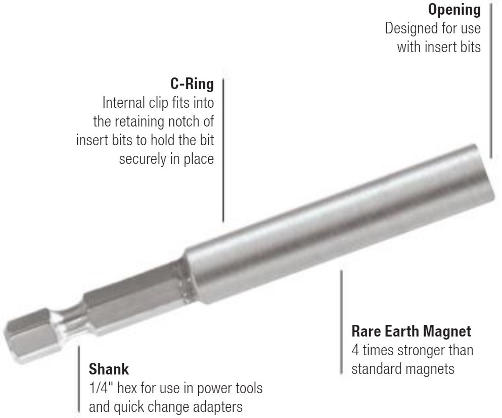 SUTTON TOOLS ¼” HEX 75mm RARE EARTH MAGNETIC BIT HOLDER WITH LOCKING C-RING