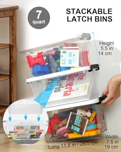 Plastic Storage Bins with Lids 6 Pack Storage Organizer, 7 Quart Black