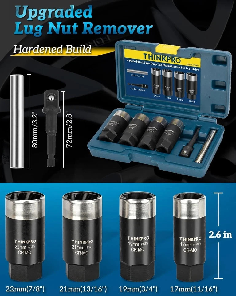 Locking Lug Nut Removal Tool-6 Pieces Deep Lug Nut Extractor Set,Stripped Lug...