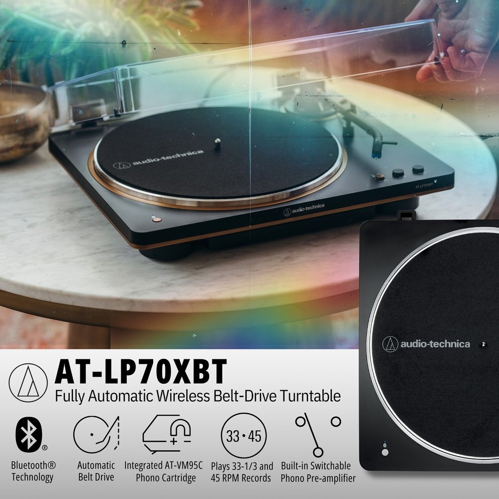Audio-Technica AT-LP70XBT-BZ Wireless Turntable with Amplifier System Bundle