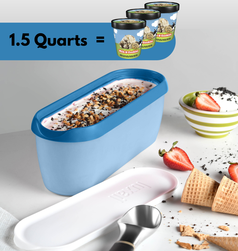 ICE CREAM STORAGE CONTAINER, BPA FREE, 1.5 QUART, DISHWASHER SAFE STACKABLE BLUE