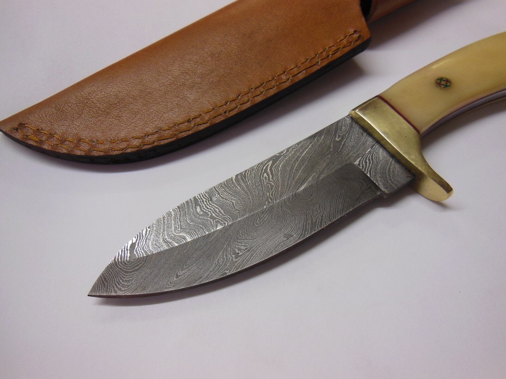 hand crafted Damascus Blade KNIFE w/ Bone Handle & Leather Sheath 9" long NEW
