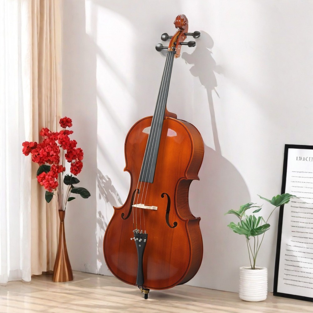 Full Size Natural 4/4 Acoustic Cello Set w/ Spruce Panel & Tiger Pattern Process