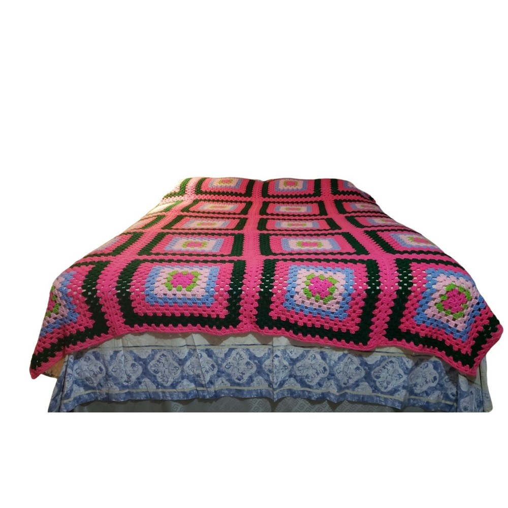 Granny Square handmade Crochet 77" x 98" Bedspread Throw Multicolor