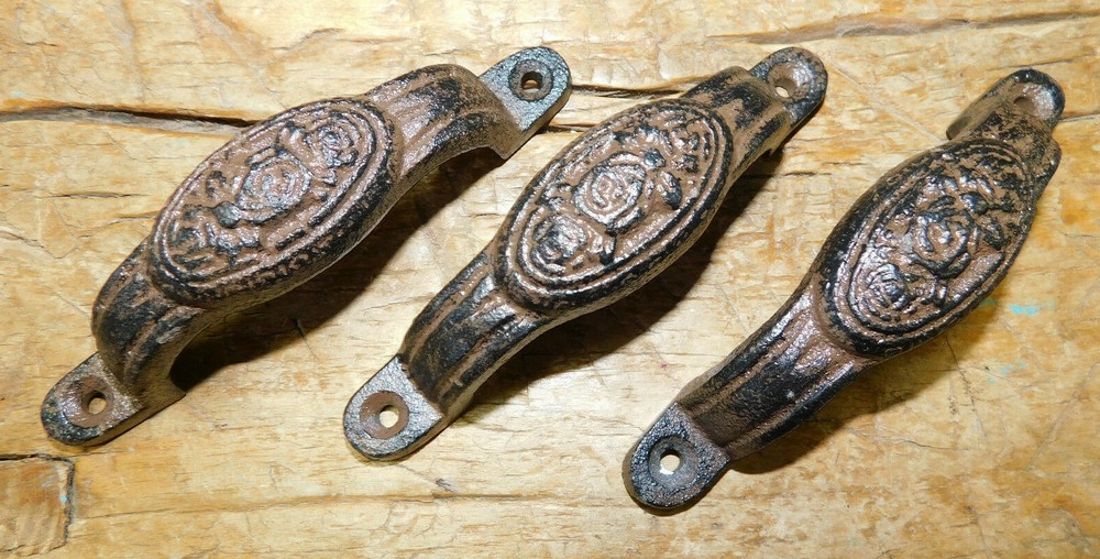 3 Cast Iron Antique Style OVAL ROSE Strap Barn Handle Gate Pull Door Handles