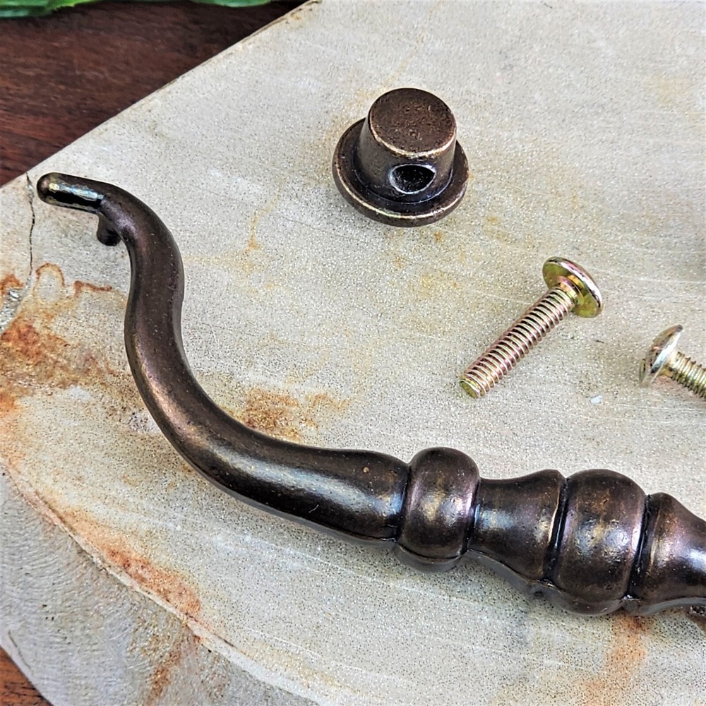 VTG Solid Brushed Antique Brass Drawer Pull Handle and Knobs Swan Neck Hardware