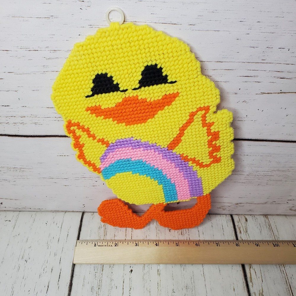 3 Vintage Finished Plastic Canvas Yellow Chick Happy Easter Egg Wall Hanging