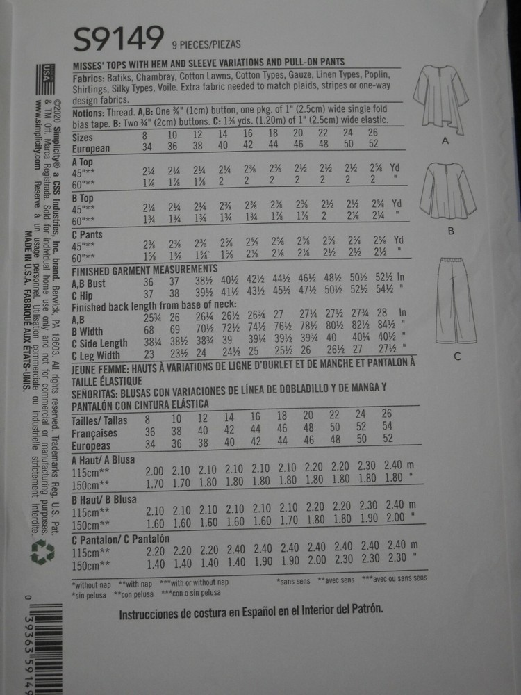 Top and Pull On Pants Misses size 8-16 Simplicity 9149 Sewing Pattern