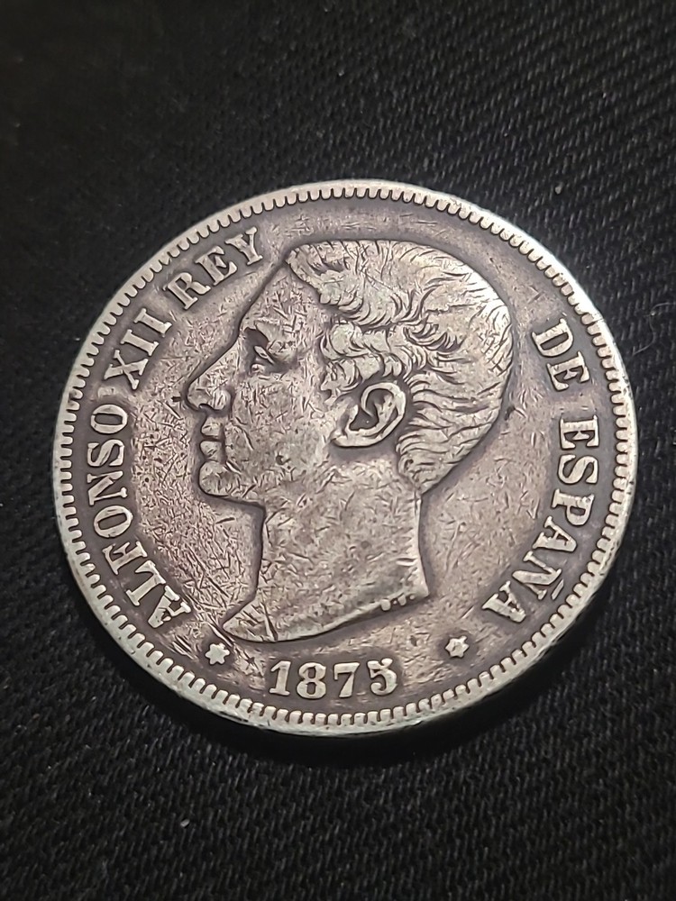 1875 5 Pesetas Silver Coin  - Good Grade