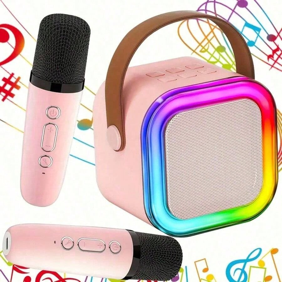 2-Mic Mini Karaoke Machine, Portable Wireless Microphone Speaker With LED Lights