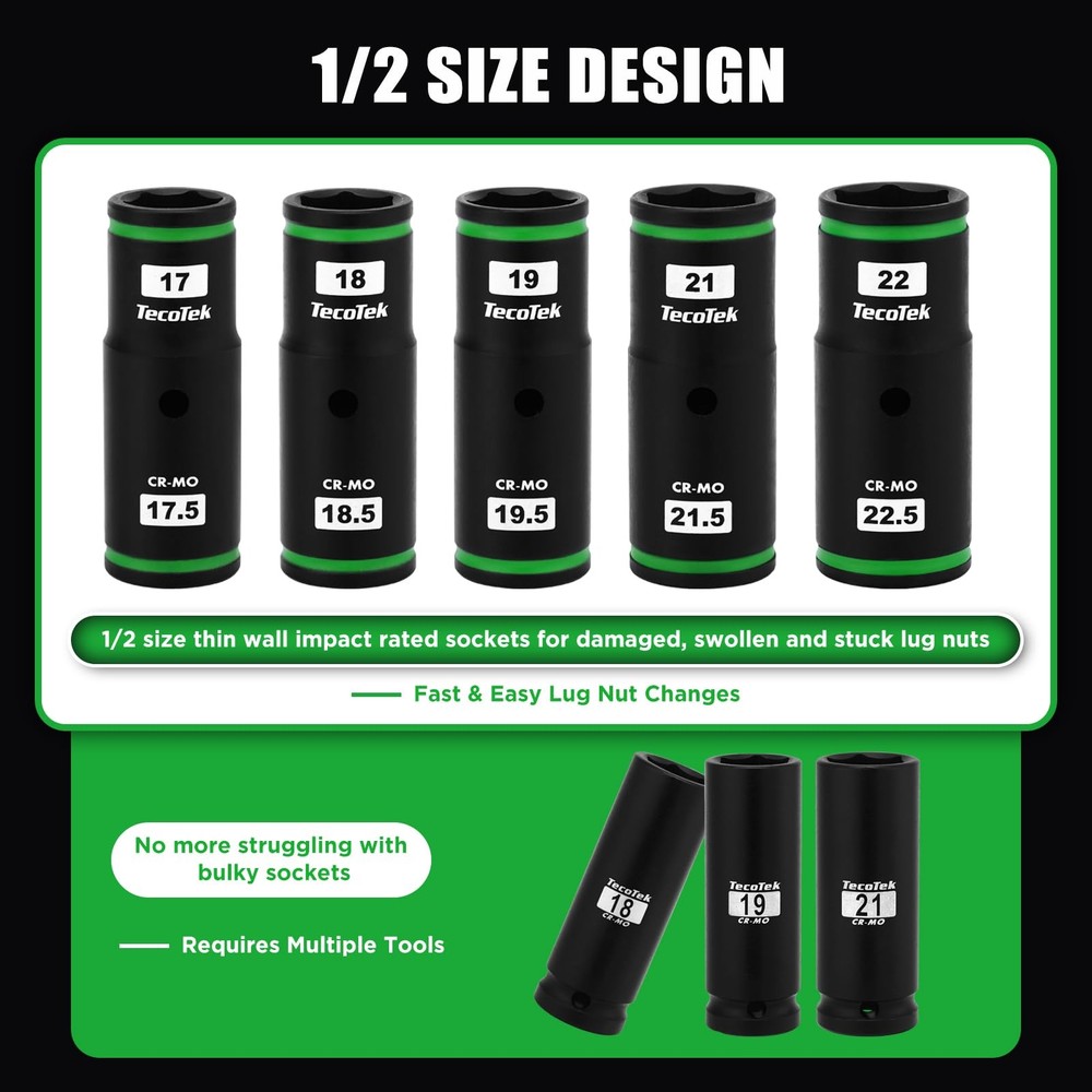 7PCS Lug Nut Socket Set, 1/2” Impact Thin Wall Flip Socket, Half Size Wheel S...