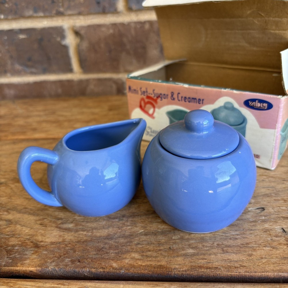 VTG Mini Set Cream & Sugar Funny Faces Blue