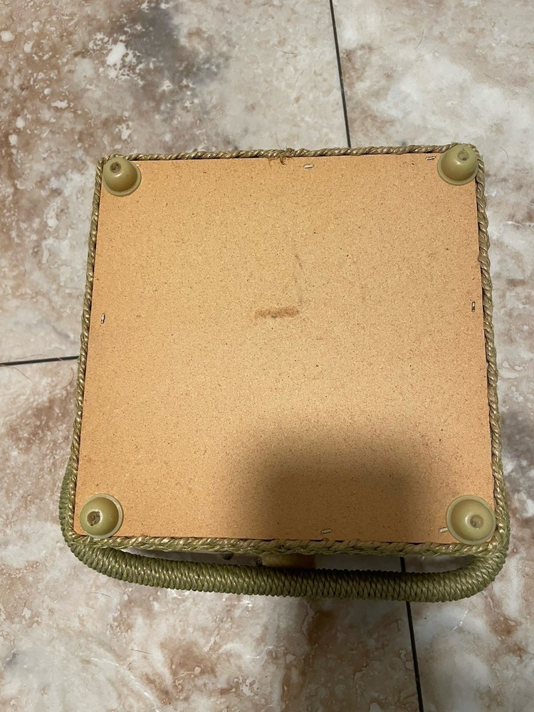 VTG Sewing Basket Box Brown Fabric Plastic Woven Handle Notions Pattern.