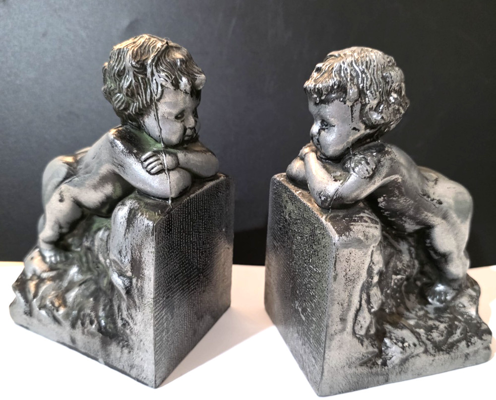 Gatco Cherub Bookends Solid Brass Silver Tone 6" Tall