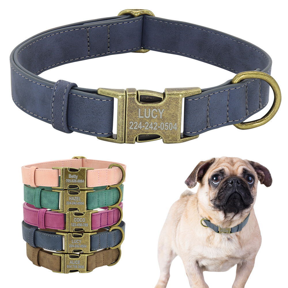 Personalized Dog Collar Soft Leather Brass Buckle Custom Name Plate Adjustable
