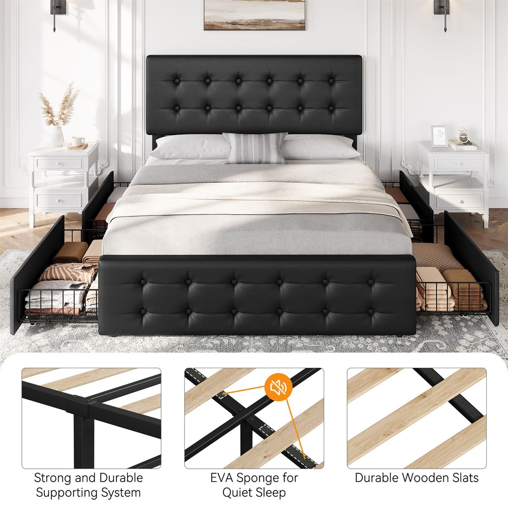 🎱✅Full Size Bed Frame with 4 Storage Drawers and Headboard Upholstered Platform