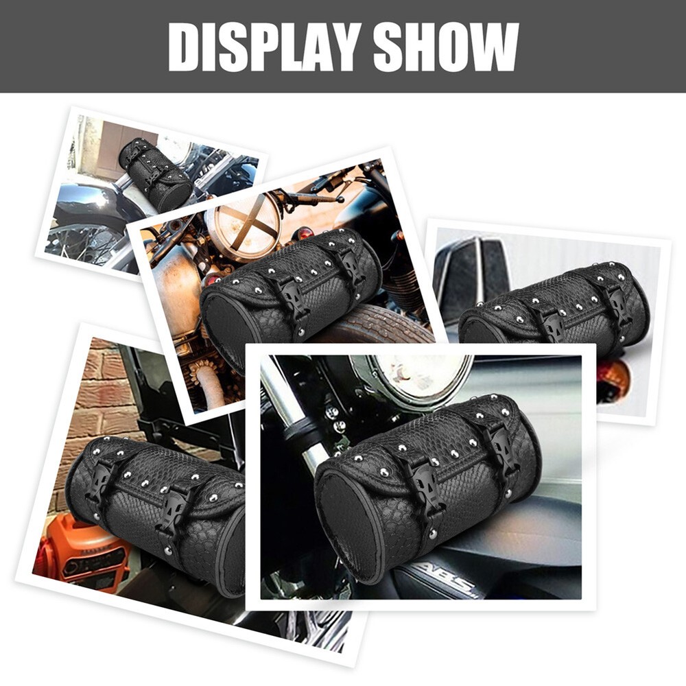 Motorcycle Front Fork Tool Roll Bag PU Leather Saddlebag Handlebar Storage Pouch