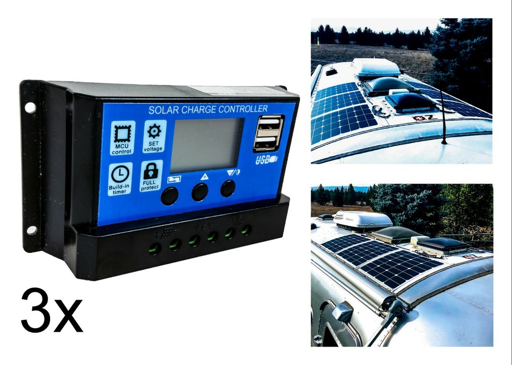 3X 20A Solar PV Panel Controller Battery Charge Regulator LCD USB Port 12v 24v