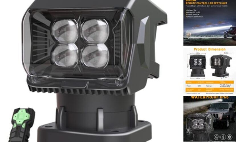 Remote Control LED Spotlight for Trucks Searchlight 50W, 360°Rotating Black