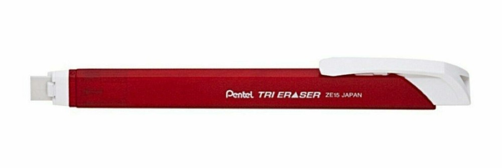 NEW Pentel Tri Retractable White Eraser RED Barrel 12-PACK Box ZE15MB Triangular