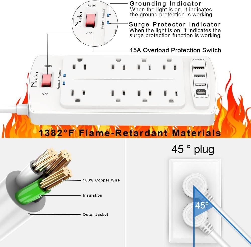 Versatile Surge Protector Power Strip with 8 Outlets & 4 USB, Listed, 10ft