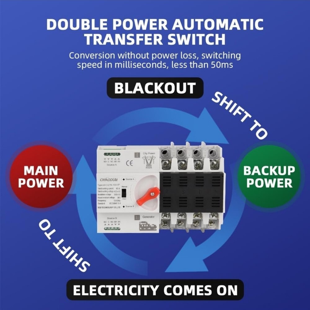 Automatic Transfer Switch ATS 4P 100A 400V Dual Power Electrical Selector Switch