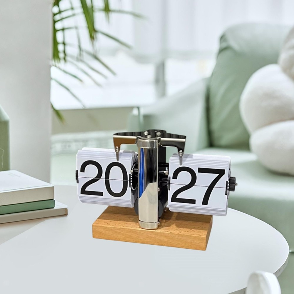 Auto Flip Clock Automatic Page Turning Versatile Decoration Wood Base Table
