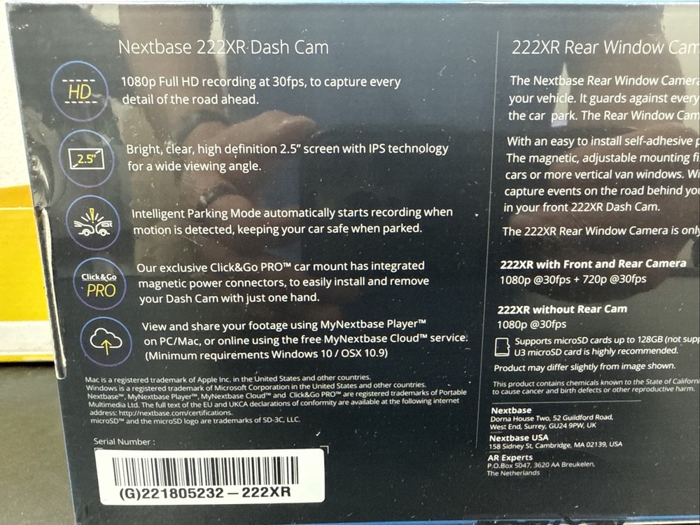 Nextbase 222XR Dash Camera + Rear Cam Bundle, Includes 32GB SD Card