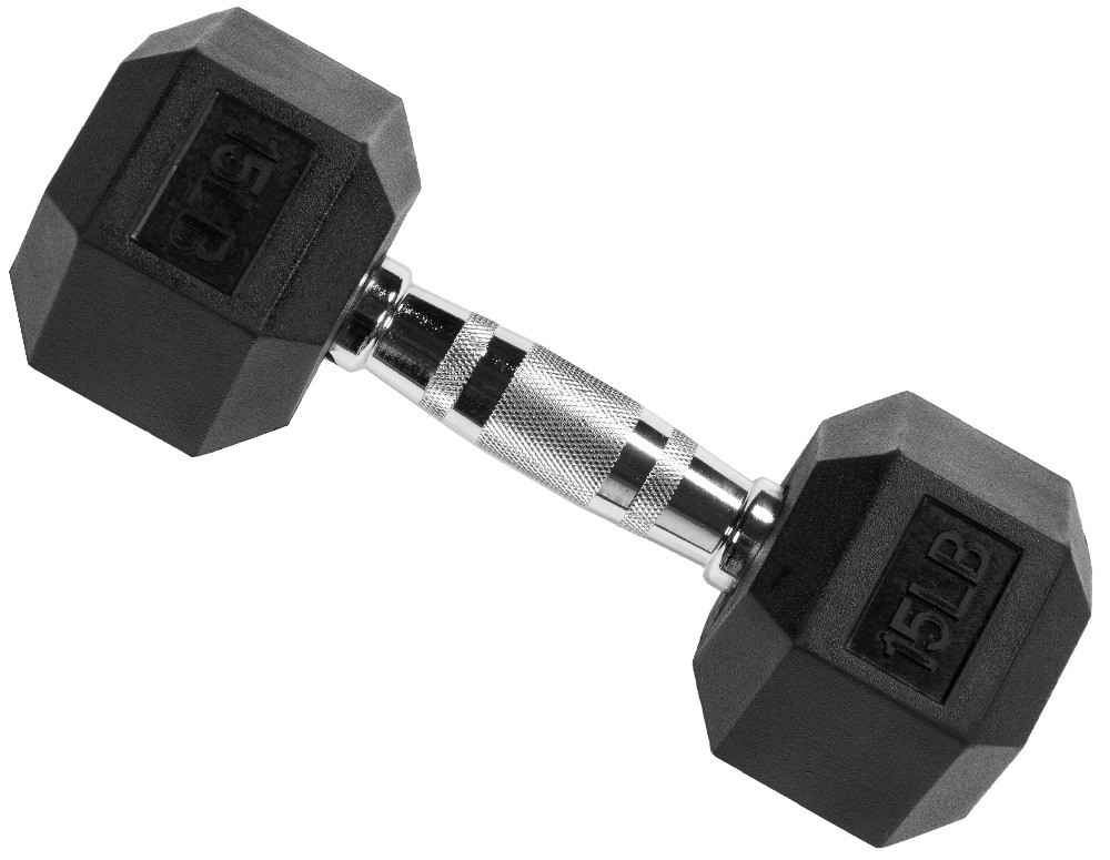 Rubber Encased Hex Dumbbell, Black, 15 lb