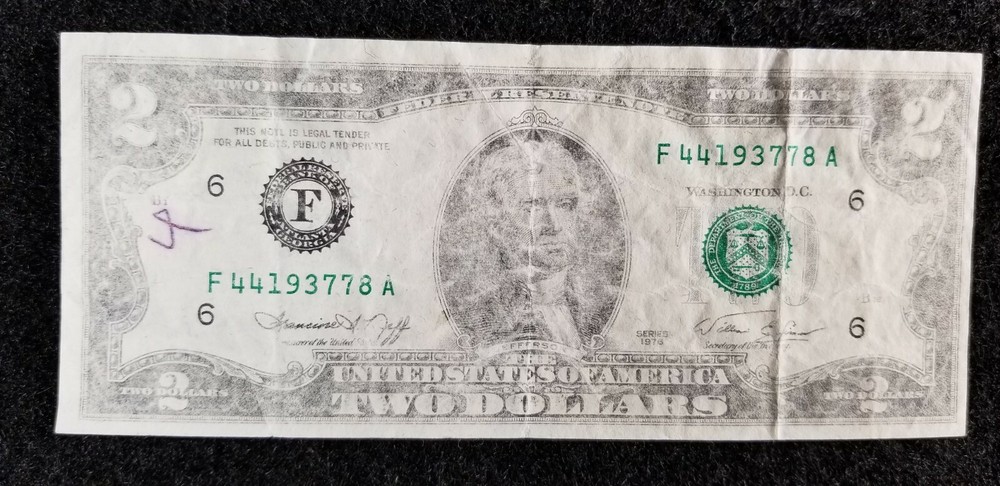 1976 F Atlanta $2 Error [black ink] barely visible GREAT ERROR NOTE
