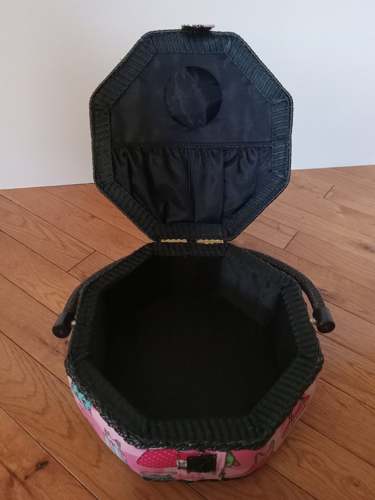 Sewing Box Hexigon Shaped Padded Pink w/ Black Wicker Handle 9" Diameter