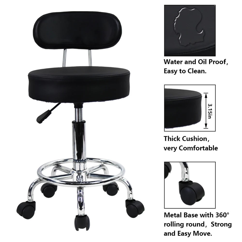 PU Leather Rolling Stool Mid-Back w Footrest Height Adjustable Swivel Task Chair
